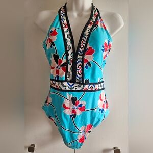 NWNT Sonsie One Piece Swimwear Blue and Red with Black Bold Design Floral Size 8